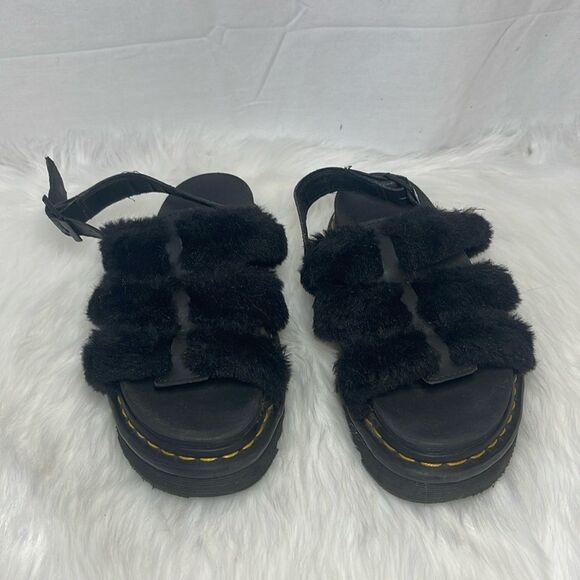 Dr. Martens Yelena Black Teddy Faux Fur Strap Lug Sole Sandals Sz 7 - Picture 5 of 9